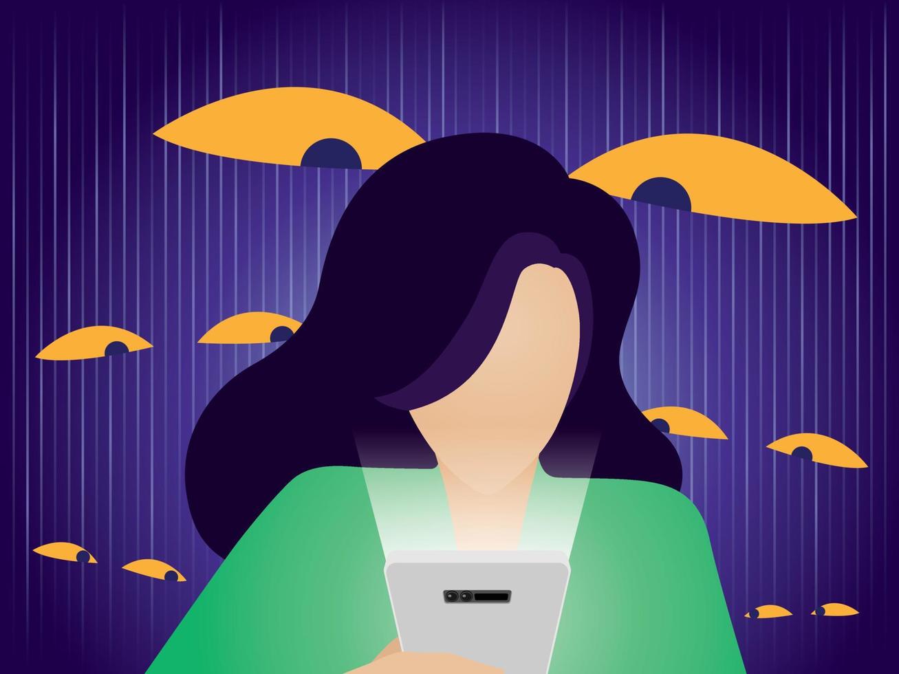 as pessoas escondidas ficam de olho na mulher que está usando o celular. vetor de ilustração de privacidade online.