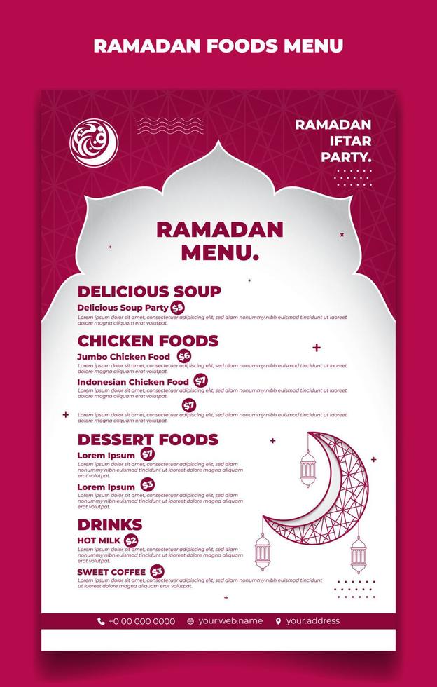 modelo de menu do ramadã em fundo islâmico rosa e branco com design de lanterna e lua. iftar significa café da manhã e texto árabe significa ramadã. vetor