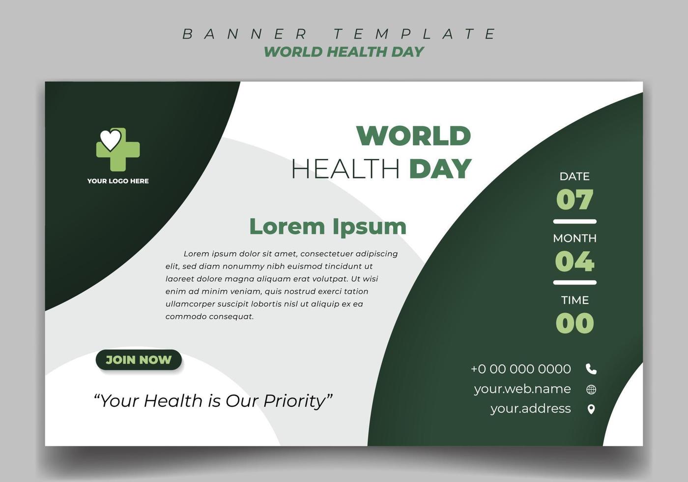 modelo de dia mundial da saúde para banner de mídia social com fundo de forma de círculo verde. modelo de dia mundial da saúde em paisagismo. vetor