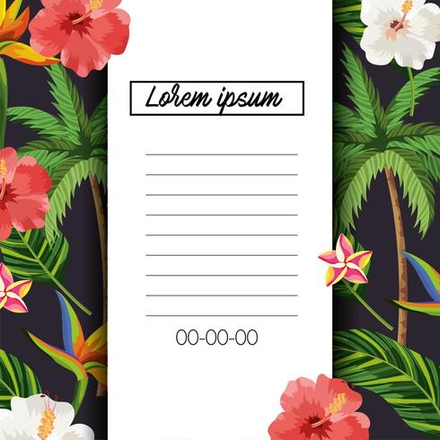 cartão tropical com flores e folhas exóticas vetor