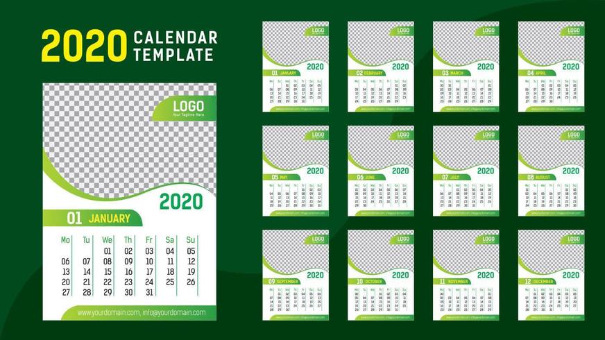 Modelo de calendário verde 2020 vetor