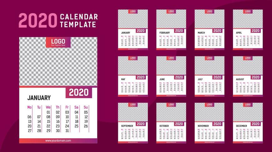 Modelo de calendário rosa 2020 vetor