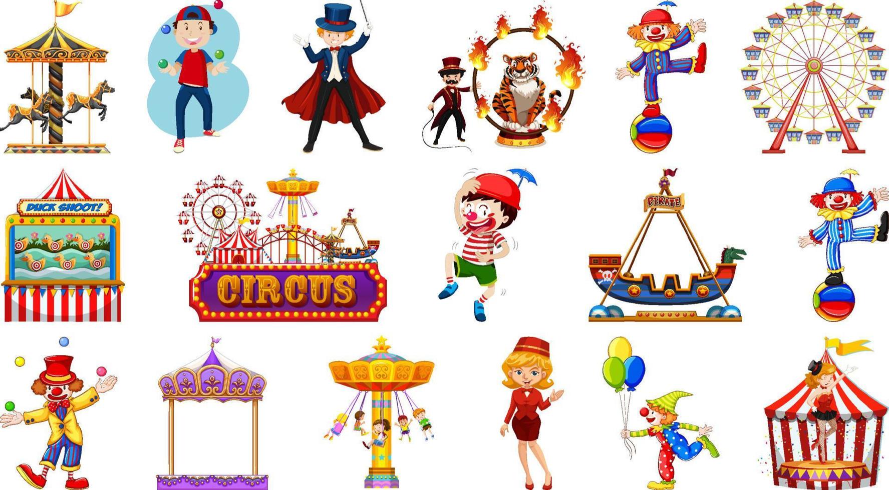 conjunto de personagens de circo e elementos de parque de diversões vetor