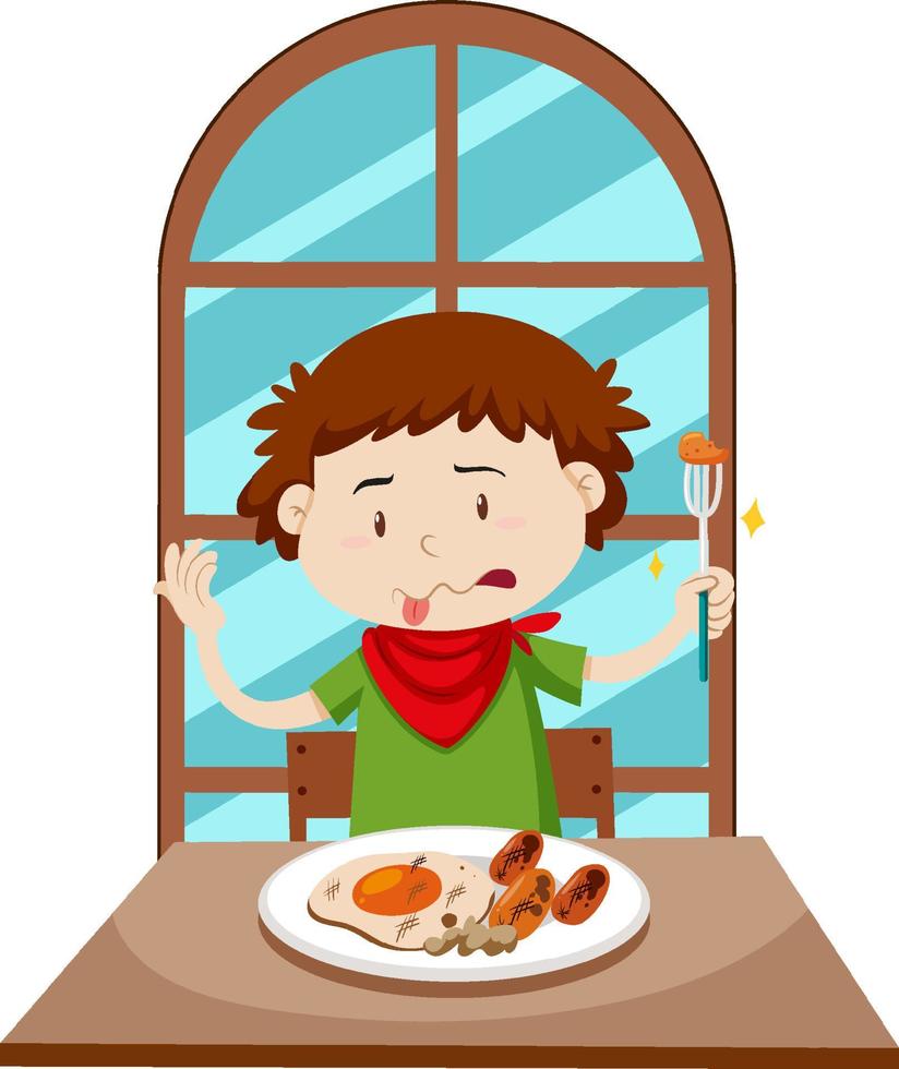 menino comendo comida ruim na mesa de jantar vetor