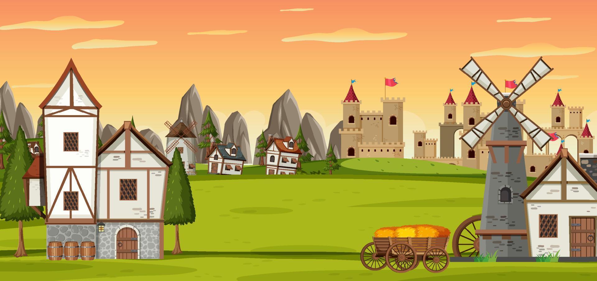 cena de paisagem com cidade medieval vetor
