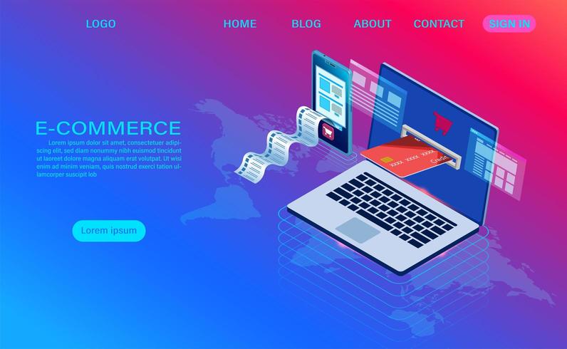 Comércio eletrônico de compras on-line com a página inicial do computador vetor