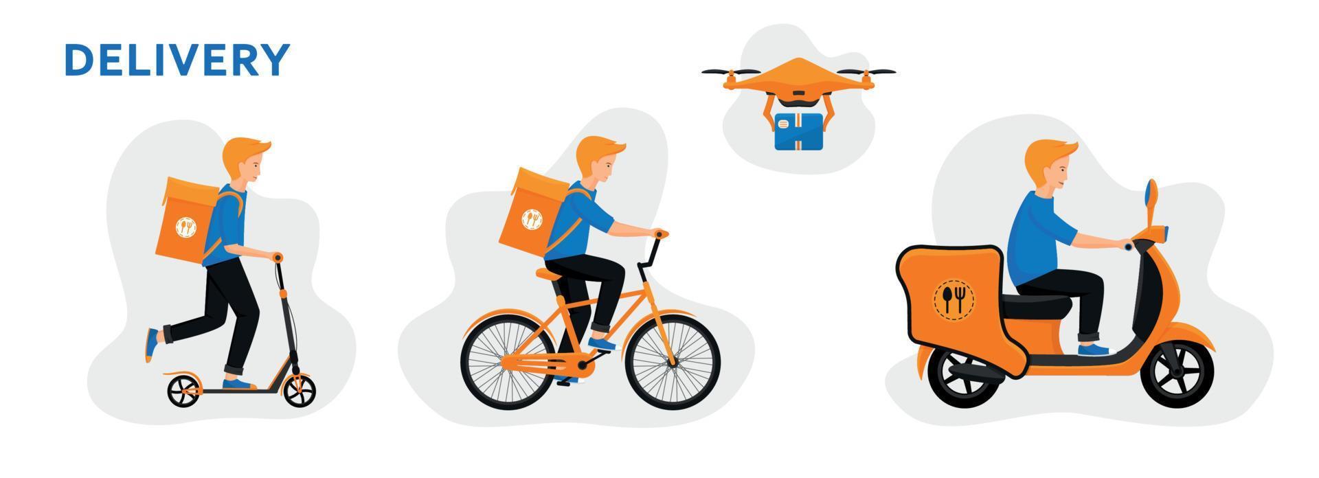 conceito de serviço de entrega online. correios de scooter, bicicleta e drone. vetor