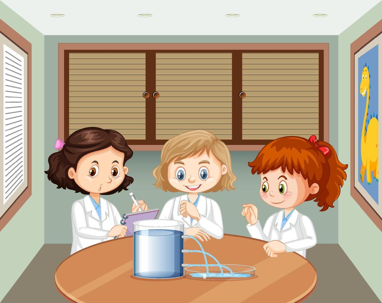 crianças cientistas fazendo experimento de pressão líquida vetor