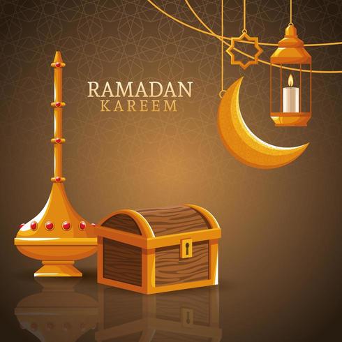 Ramadan Kareem com lua minguante e arte islâmica vetor