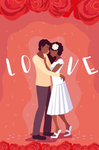 jovem casal afro em cartaz de amor com decoração de rosas vetor