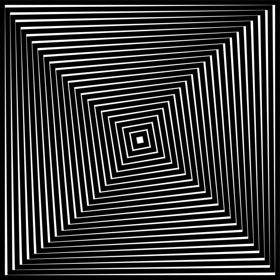 op art quadrados em preto e branco com efeito de distorção visual fazendo uma ilusão de ótica de pirâmides ou túnel. banner hipnótico, vetor isolado no fundo branco