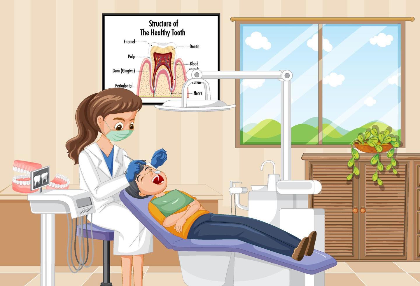 mulher dentista examinando os dentes do paciente na clínica vetor