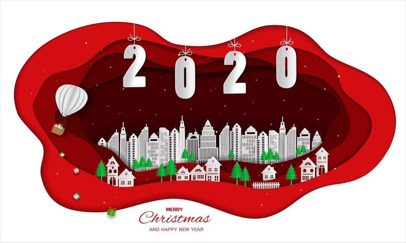Projeto de arte de papel de feliz ano novo 2020 com cidade branca vetor