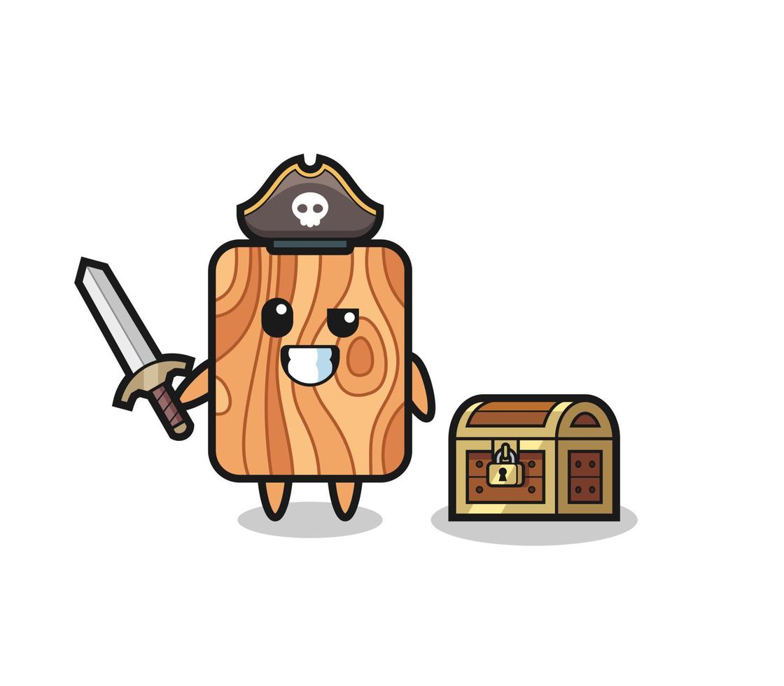 o personagem pirata de madeira de prancha segurando a espada ao lado de uma caixa de tesouro vetor