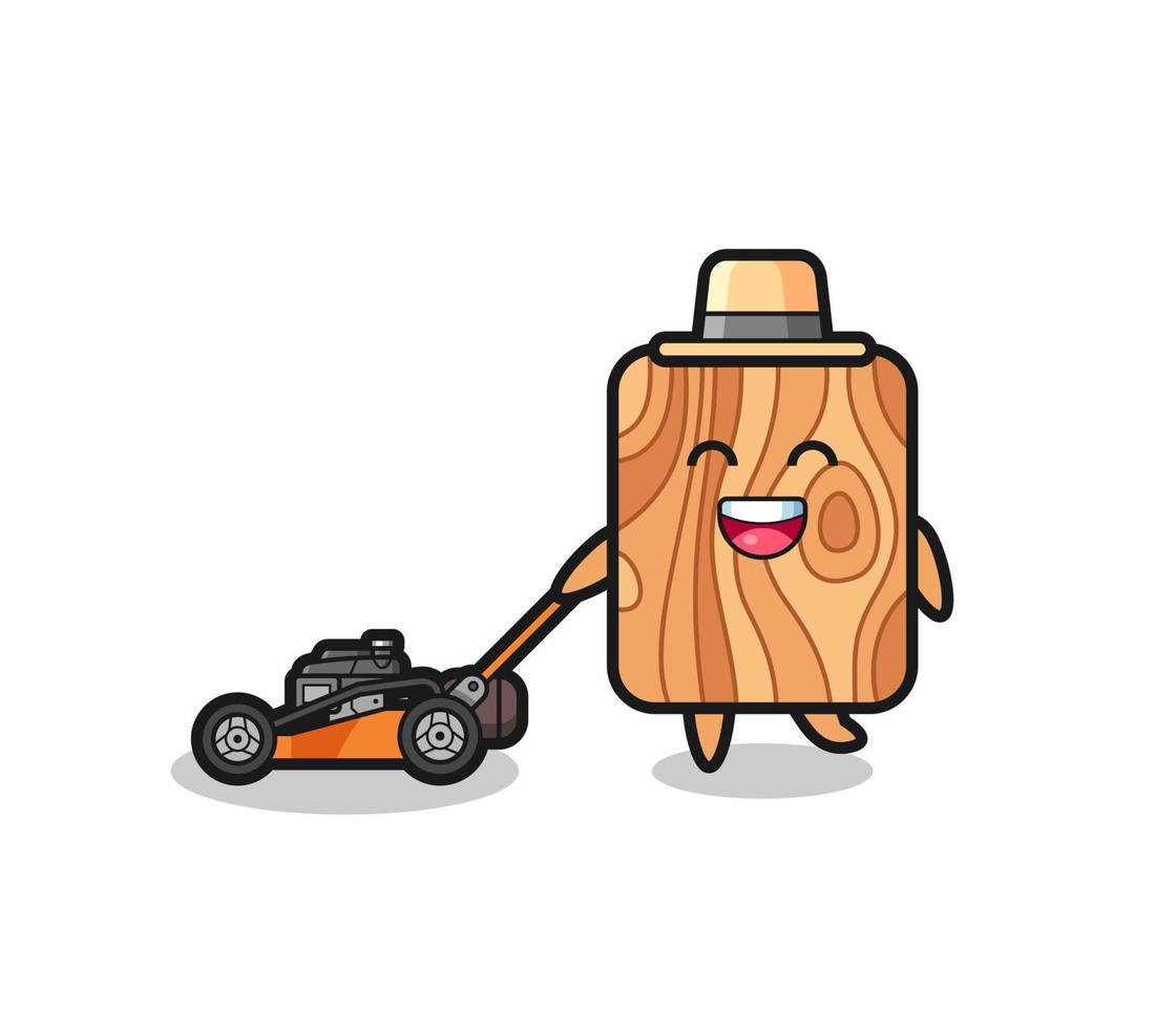 ilustração do personagem de madeira de prancha usando cortador de grama vetor