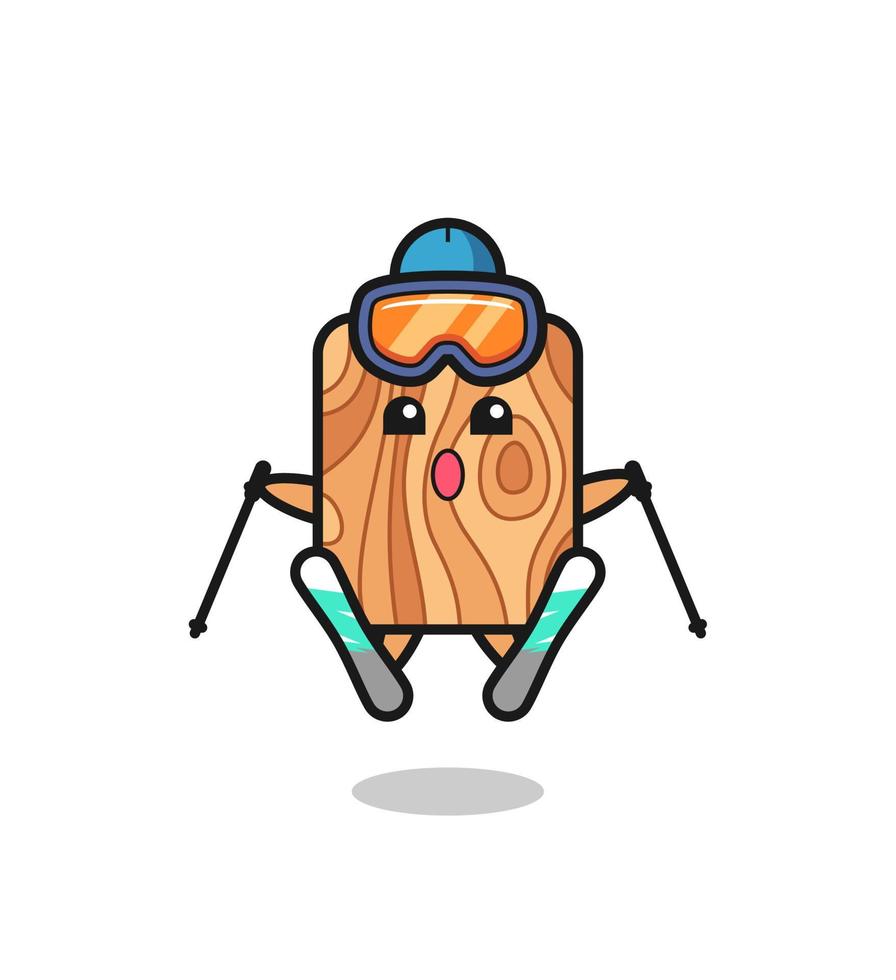 personagem de mascote de madeira de prancha como jogador de esqui vetor