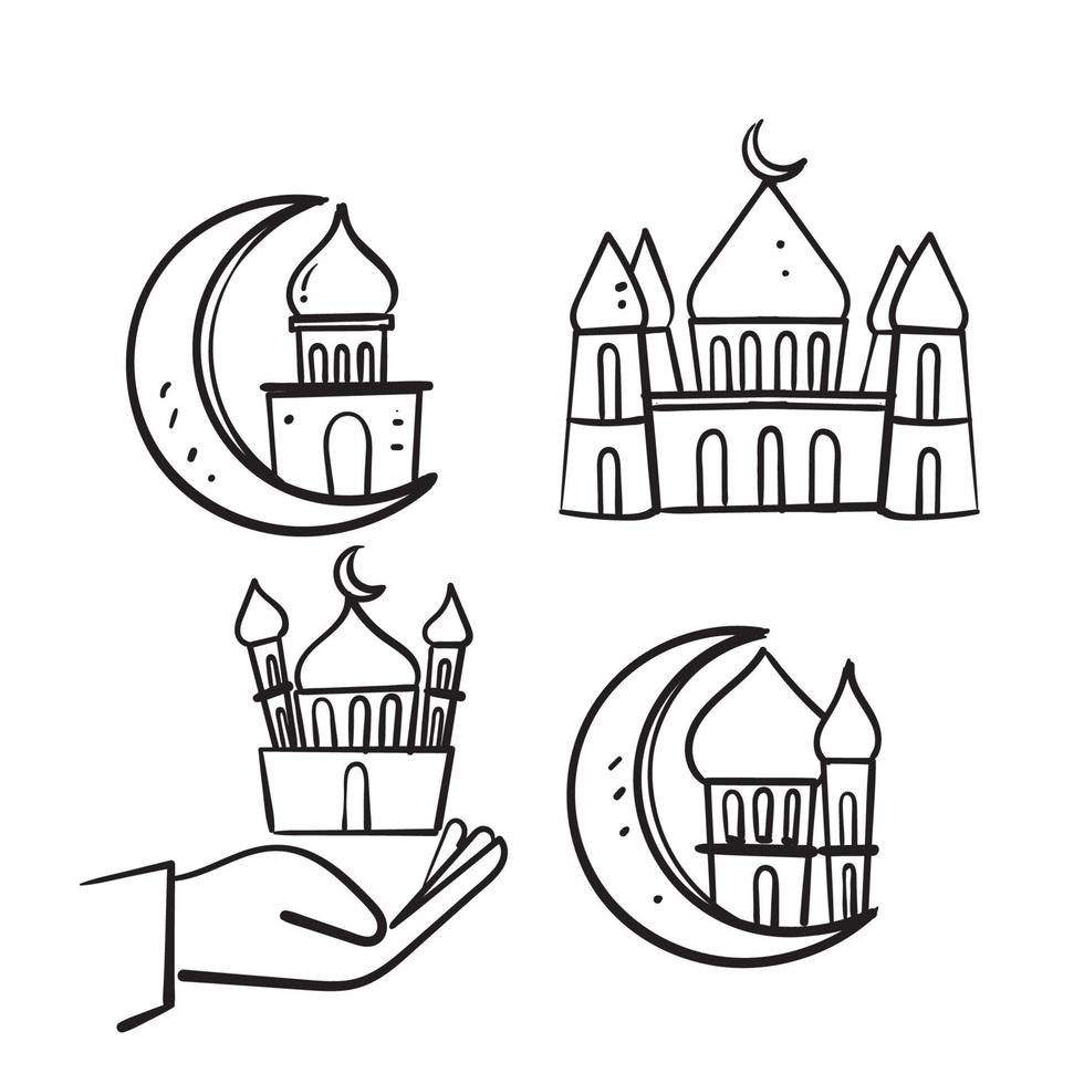 mesquita desenhada à mão e símbolo crescente para ilustração de religião islâmica vetor isolado