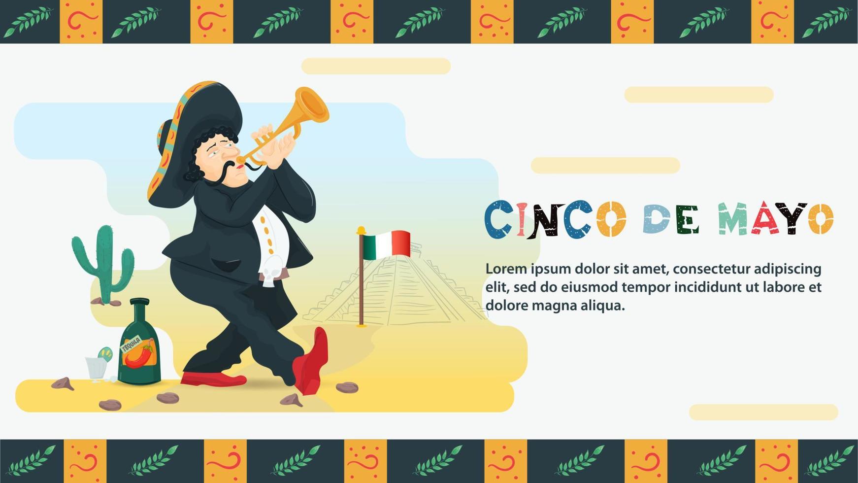 ilustração vetorial design plano sobre o tema do feriado mexicano cinco de maio um homem em um traje nacional toca trompete ao lado de uma garrafa com uma bebida vetor