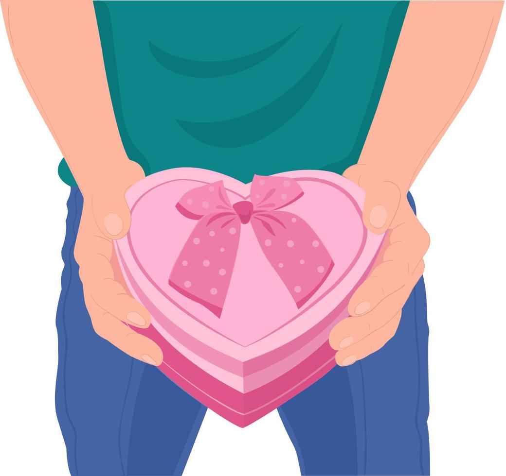 ilustração vetorial o cara está segurando uma caixa rosa em forma de coração. declaração de amor vetor