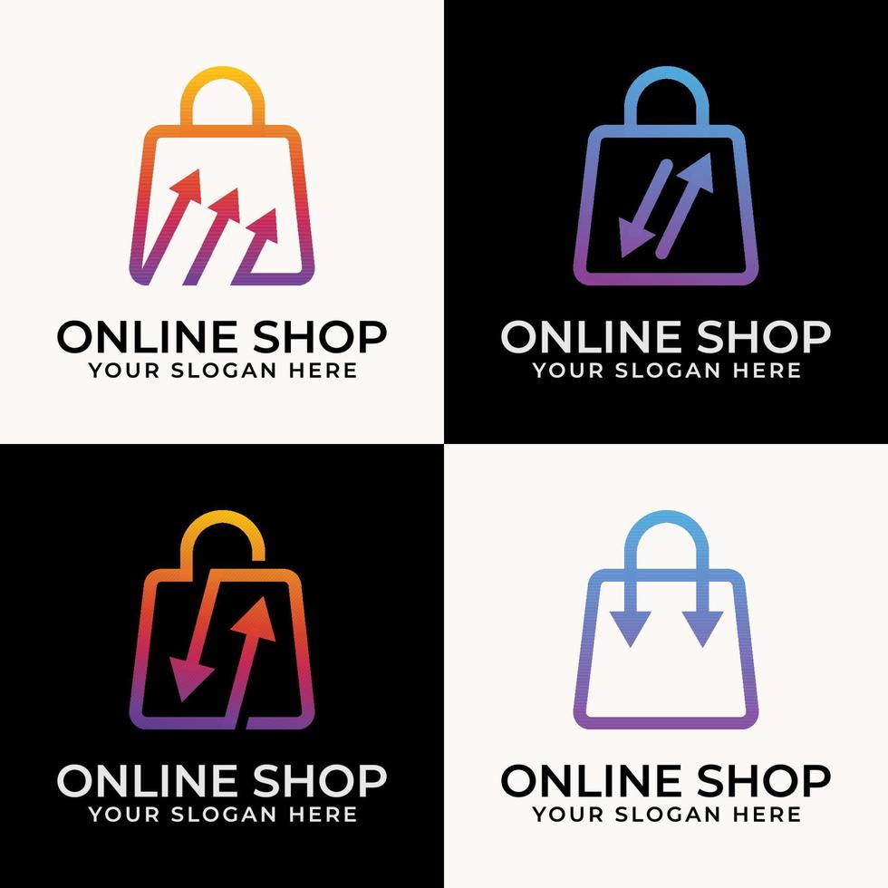 loja online de estilo de arte de linha com coleção de ícones de sacola de compras de logotipo de seta vetor