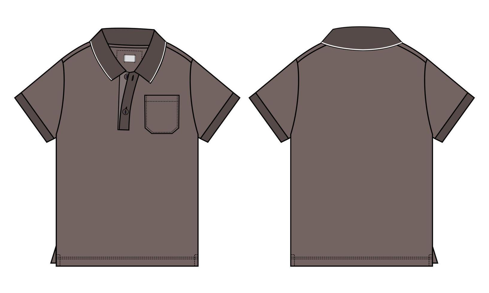 camisa polo de manga curta técnica de moda plana esboço ilustração vetorial cáqui modelo de cor vistas dianteiras e traseiras isoladas no fundo branco. vetor