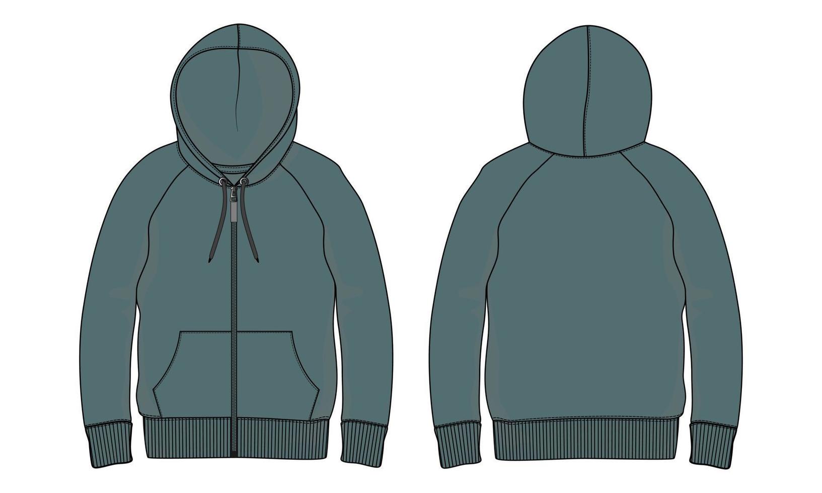 manga longa hoodie ilustração vetorial modelo de cor verde vistas dianteiras e traseiras isoladas no fundo branco. vetor
