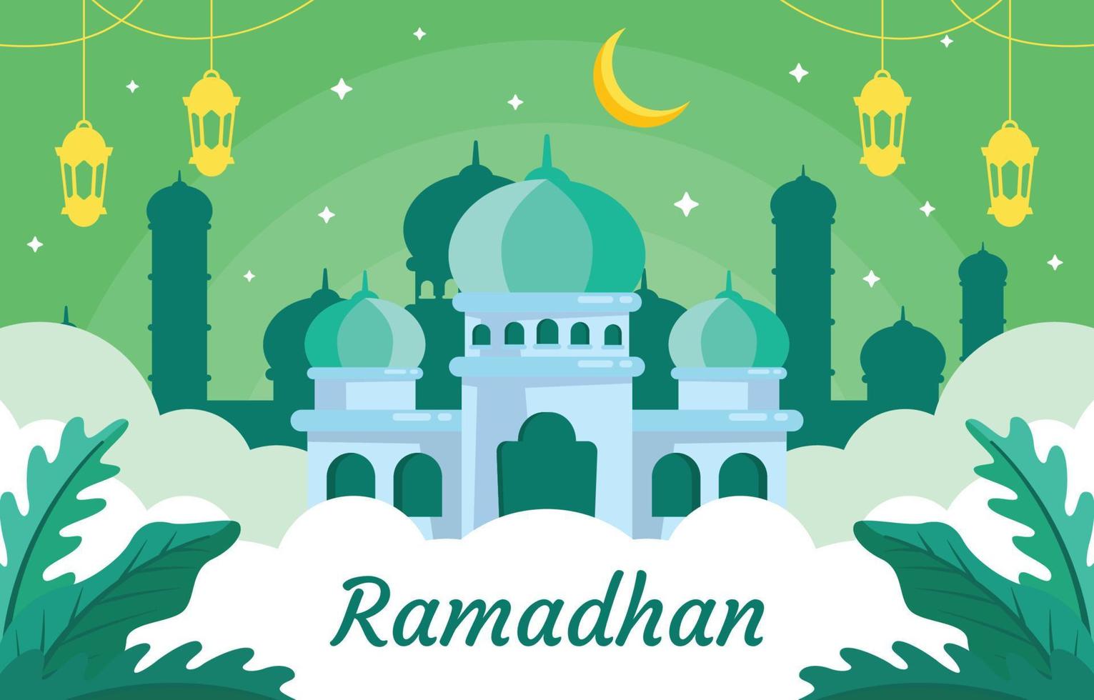 ramadhan kareem com mesquita grande e plana e lanterna árabe vetor