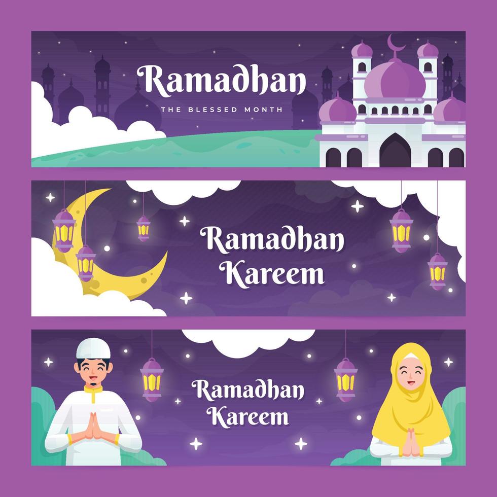 conjunto de banner plano bonito ramadhan kareem vetor