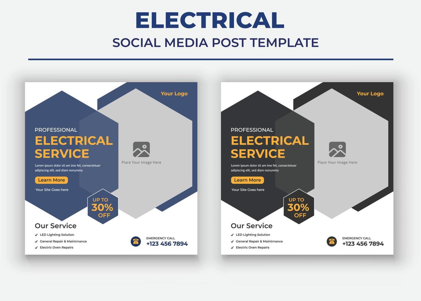 cartaz de serviço elétrico profissional, post de mídia social elétrica e modelo de folheto vetor