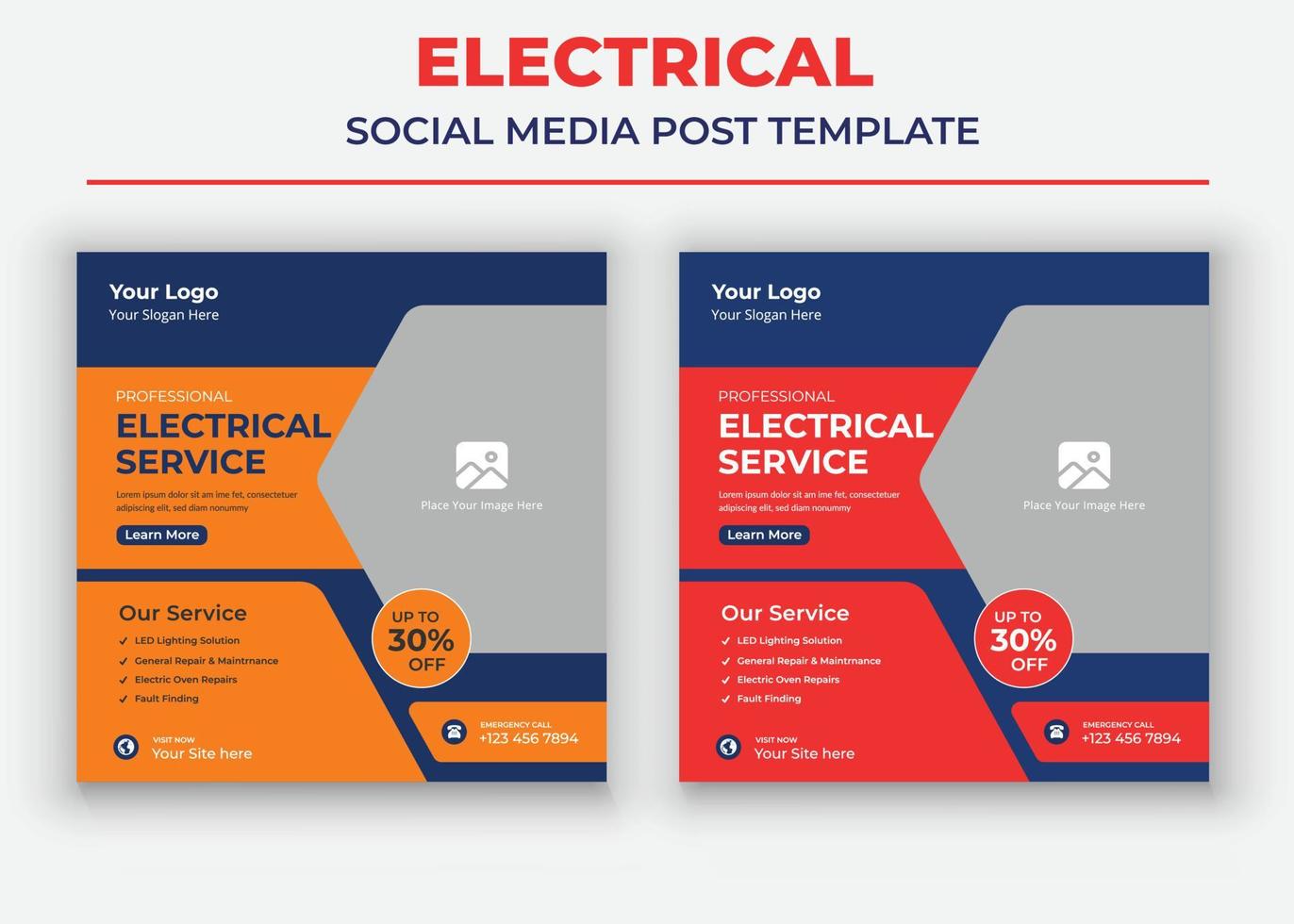 cartaz de serviço elétrico profissional, post de mídia social elétrica e modelo de folheto vetor