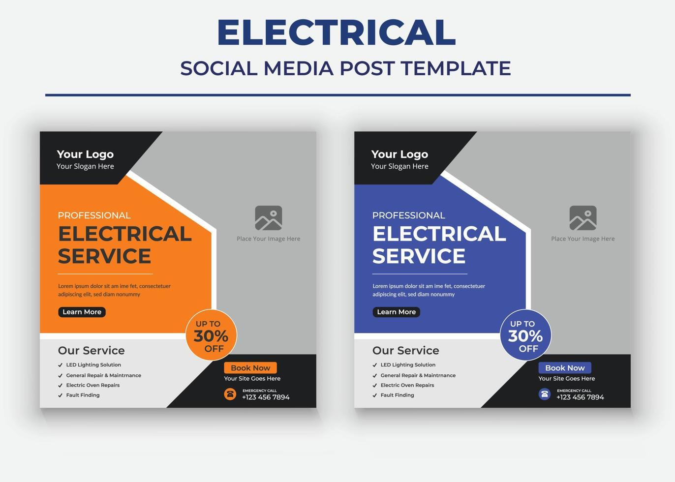 cartaz de serviço elétrico profissional, post de mídia social elétrica e modelo de folheto vetor