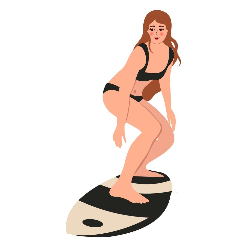 mulher fica em uma prancha de surf, isolada em um fundo branco, ilustração vetorial. vetor