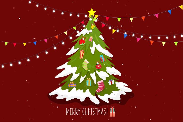 Cartaz feliz Natal com árvore e caixa de presente vetor