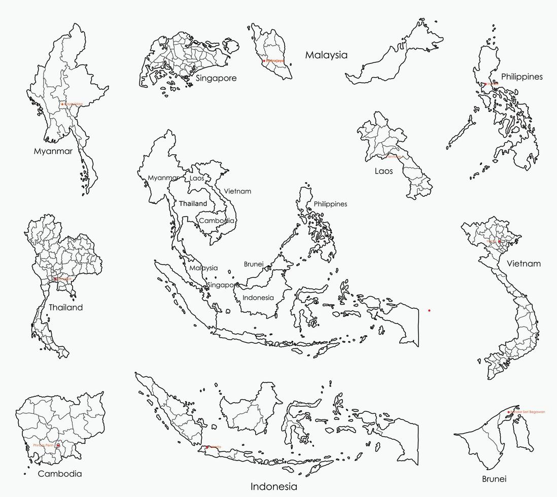 doodle mapa de desenho à mão livre de países do sudeste asiático. vetor