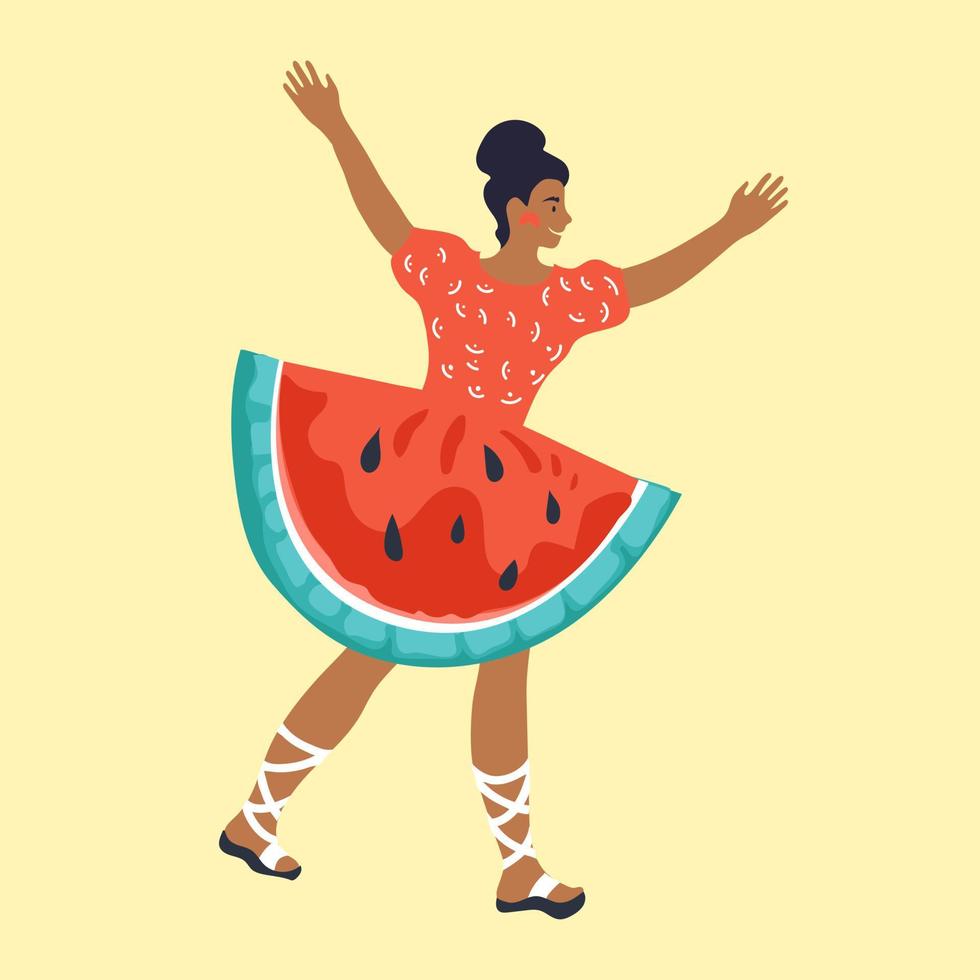 imagem criativa da mulher de vestido parece uma fatia de melancia a ilustração vetorial isolada no fundo. elemento de design para cartões e banners de dia de melancia de verão. vetor