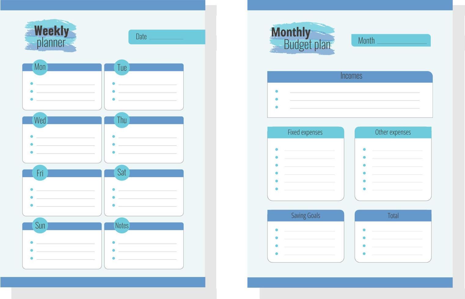 modelos de páginas do planejador de orçamento. planejador semanal e mensal. página organizadora, diário e livro de controle. papel de organização gráfica, conjunto de vetores de cores azuis.