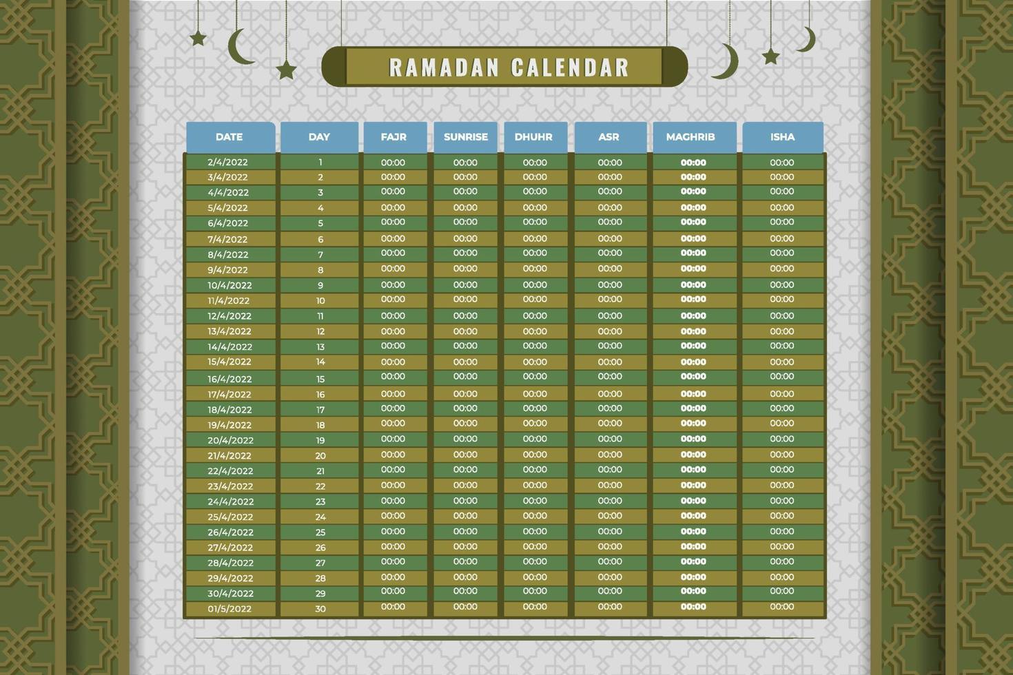 modelo de design de calendário do ramadã. calendário islâmico e programação de tempo sehri ifter. calendário islâmico hijri 2022 vetor