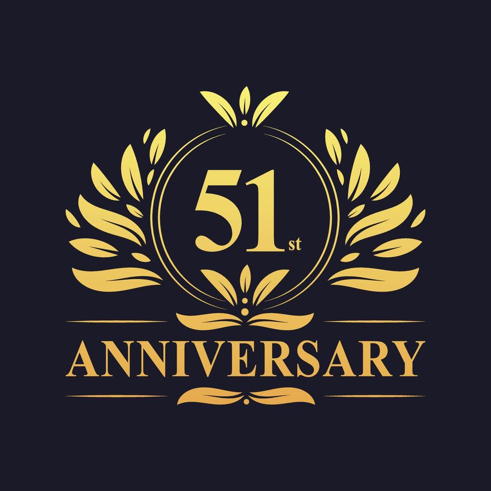 Design de 51º aniversário, logotipo de aniversário de 51 anos de cor dourada luxuosa. vetor