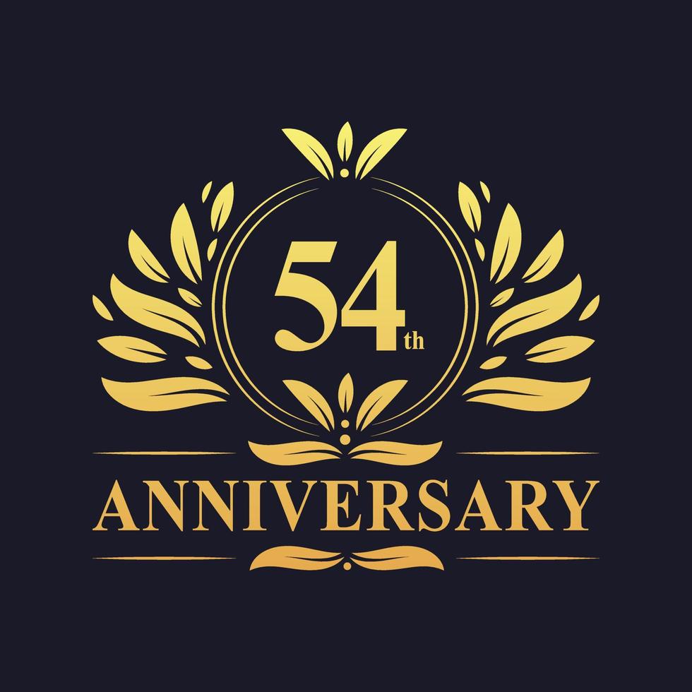 Design de aniversário de 54 anos, logotipo de aniversário de 54 anos de cor dourada luxuosa. vetor