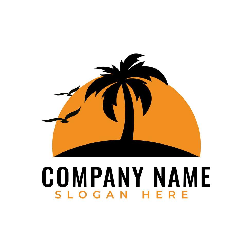 pôr do sol na praia e vetor de design de logotipo de viagem de palmeira