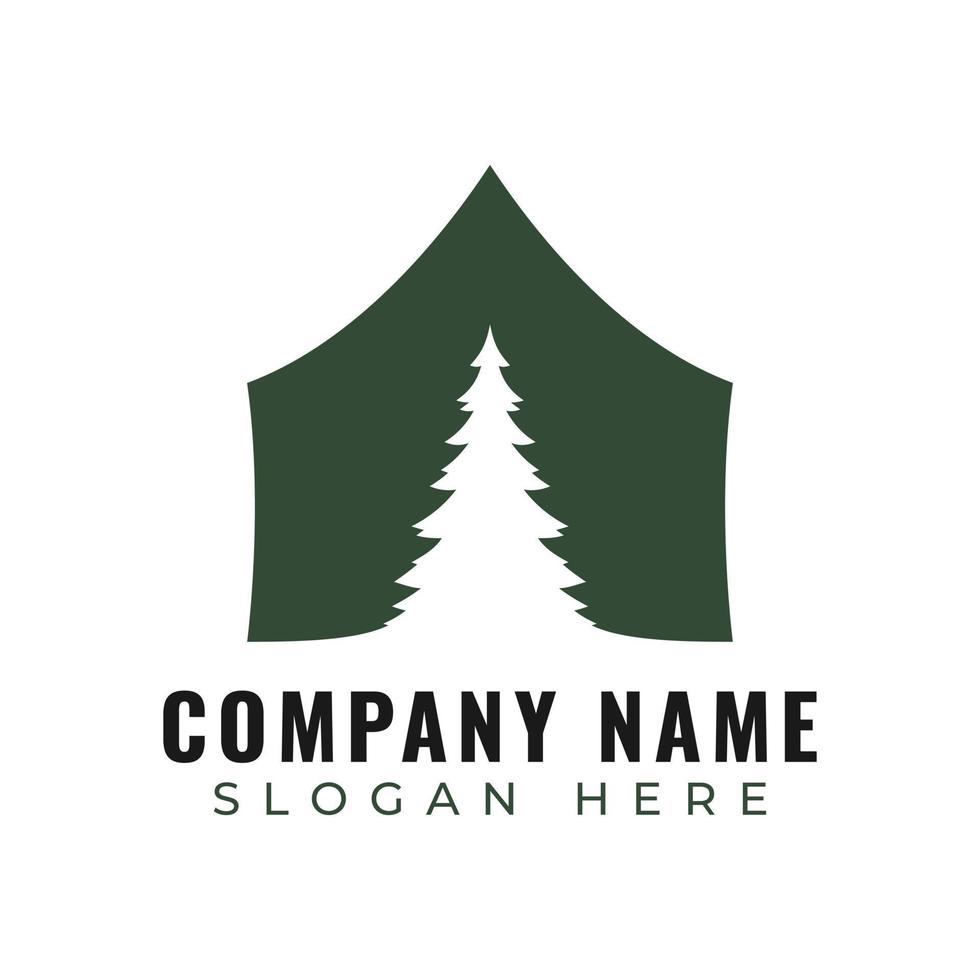 tenda de acampamento e vetor de design de logotipo de pinheiro