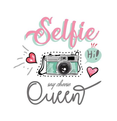 Selfie queenslogan com câmera colorida e ilustração de ícones vetor