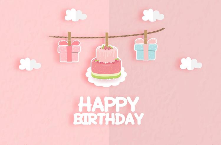 Cartão de aniversário com linda baga bolo e caixa de presente vetor