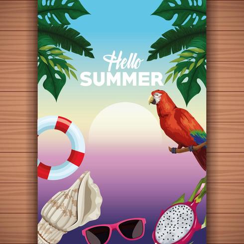 Olá cartão de verão em fundo de madeira com árvores e papagaio vetor
