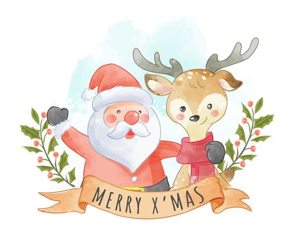 fofo Papai Noel e renas com sinal de Natal vetor