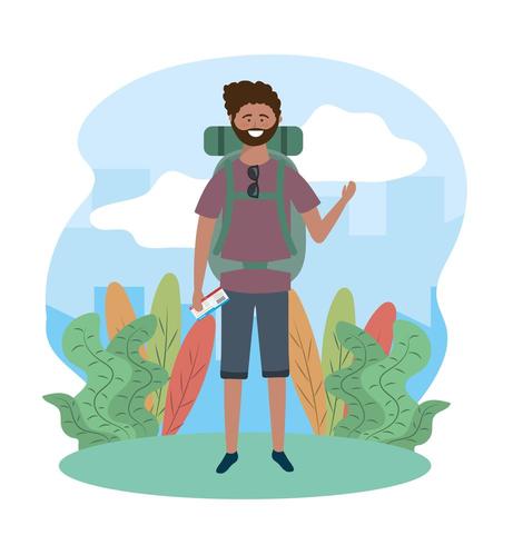 viajar homem nas plantas com mochila e óculos de sol vetor