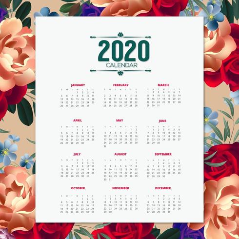 Design de calendário floral 2020 vetor