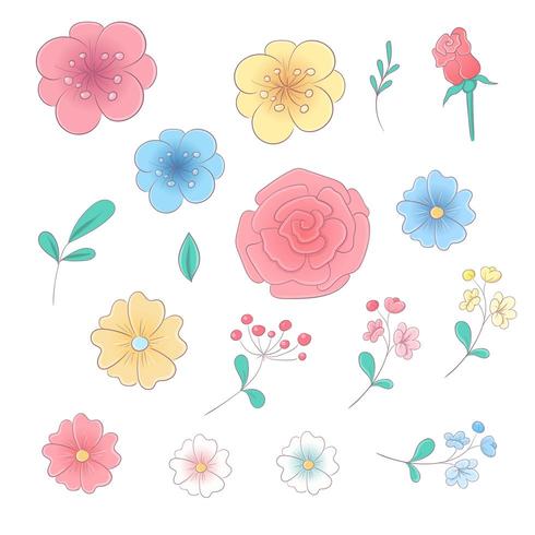 Desenhos animados mão desenhando conjunto de flores e folhas vetor