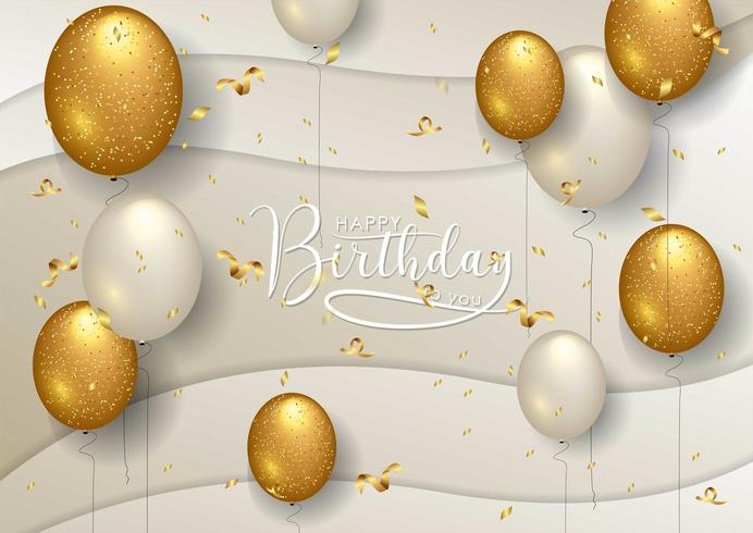 Feliz aniversário comemoração tipografia com balões de ouro e brancos vetor