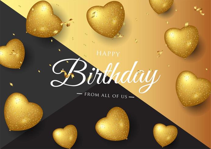Preto e ouro aniversário elegante cartão com balões de ouro e confetes caindo vetor